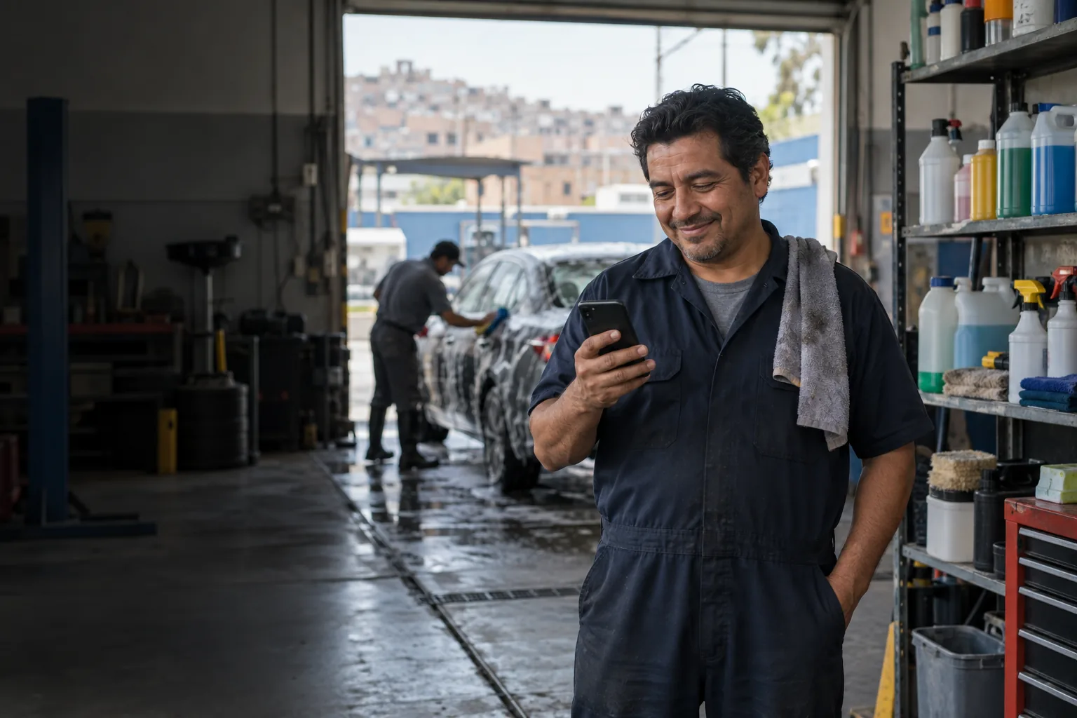 El dueño de un taller y carwash revisa su celular junto a estantes con shampoo y ceras para autos