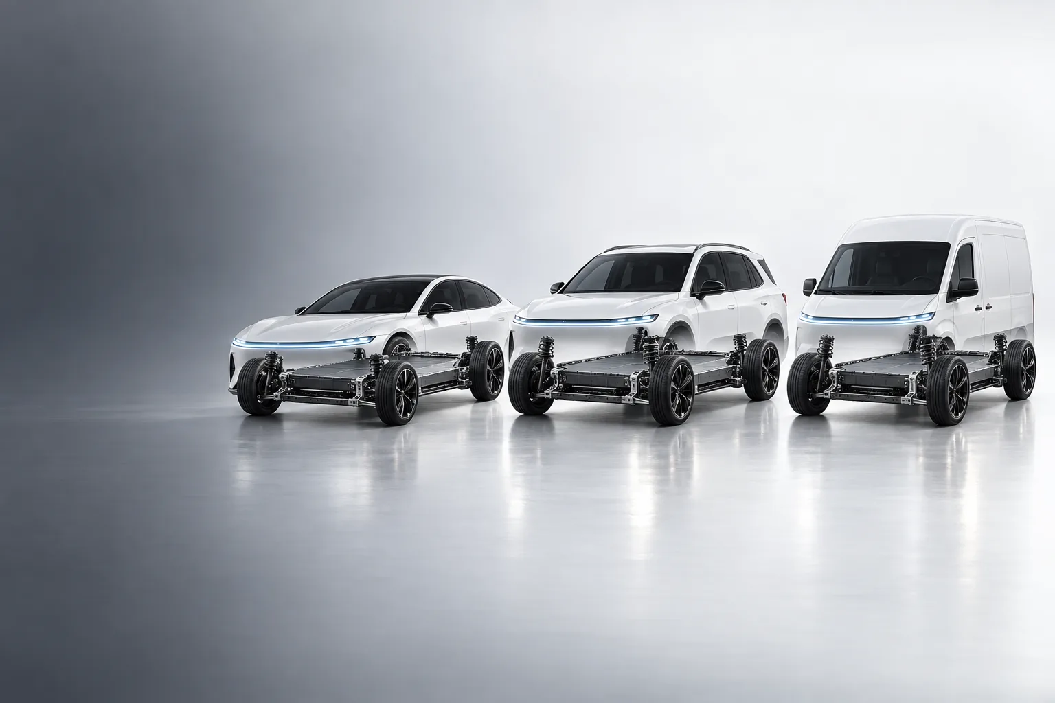 Un sedán, una SUV y una van eléctricos, todos blancos, con la misma plataforma de batería a la vista bajo cada carrocería