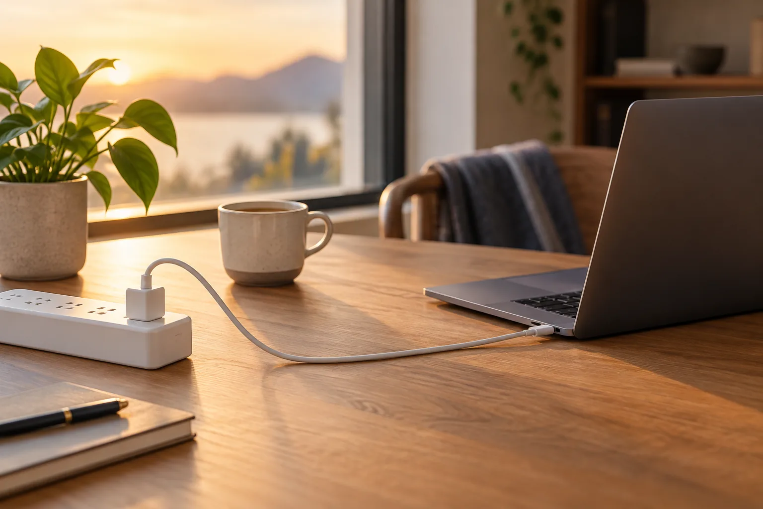 Un escritorio ordenado al atardecer: una regleta con un solo enchufe conectado y un único cable que llega a una laptop
