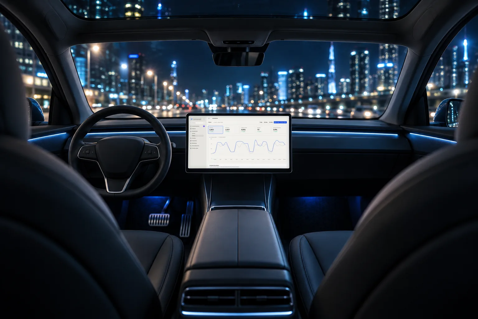 Interior minimalista de un auto eléctrico de noche; la pantalla central muestra el panel de estadísticas de Riqra